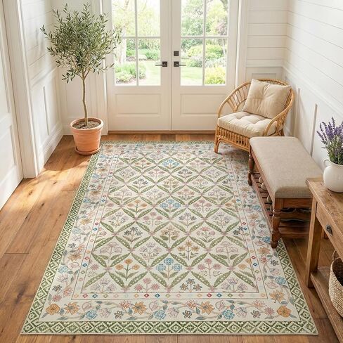 jinchan Haden 5x7 Vintage Floral Area Rug for Living Room Bedroom Soft Non-Slip Low Pile Washable Cottage Decor Dining Room Home Office Girls Dorm Carpet Sage Green in Kuwait