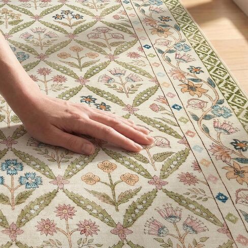 jinchan Haden 5x7 Vintage Floral Area Rug for Living Room Bedroom Soft Non-Slip Low Pile Washable Cottage Decor Dining Room Home Office Girls Dorm Carpet Sage Green in Kuwait