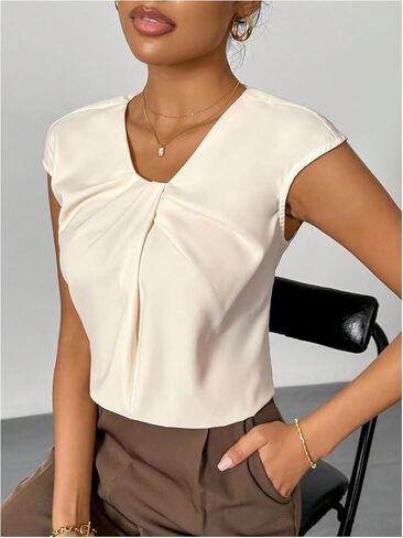 SHENHE Women's Twist Front Cap Sleeve Blouse Casual Pleated V Neck Work Shirt Teacher Outfits in Kuwait