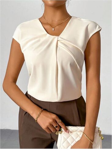 SHENHE Women's Twist Front Cap Sleeve Blouse Casual Pleated V Neck Work Shirt Teacher Outfits in Kuwait