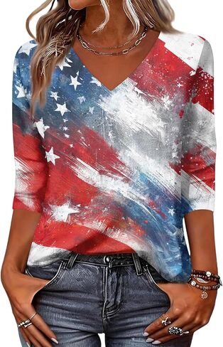 250th Anniversary USA Shirt Women American Flag T Shirt 4th of July Patriotic Tees V Neck 3/4 Length Sleeve Tops in Saudi Arabia