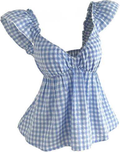 OYOANGLE Women's Plaid Gingham Cap Sleeve Blouse V Neck Ruffle Peplum Babydoll Tops Y2K Coquette Clothes in Kuwait