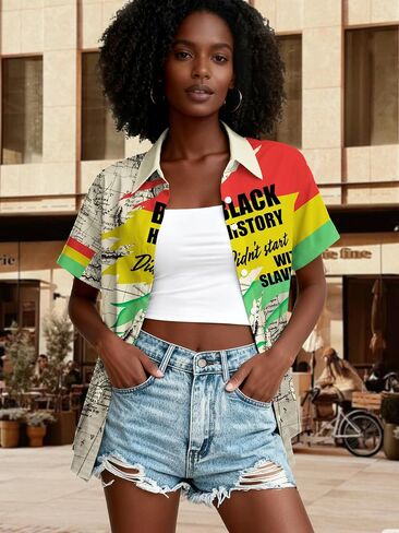 Black History Shirts for Women: Black History Month Button Up Blouse Short Sleeve Tshirt African Map Graphic Tee Tops in Saudi Arabia