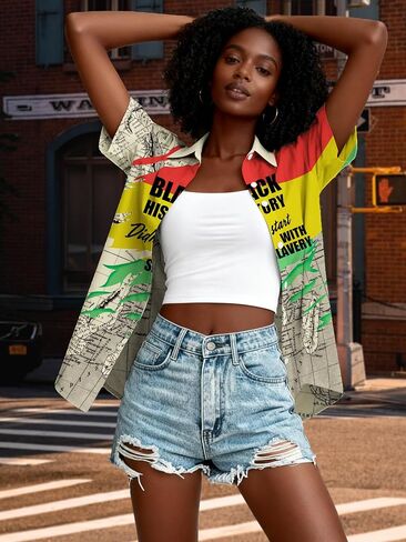 Black History Shirts for Women: Black History Month Button Up Blouse Short Sleeve Tshirt African Map Graphic Tee Tops in Saudi Arabia