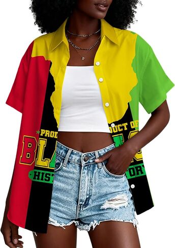 Black History Shirts for Women: Black History Month Button Up Blouse Short Sleeve Tshirt African Map Graphic Tee Tops in Saudi Arabia