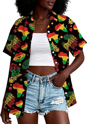 Black History Shirts for Women: Black History Month Button Up Blouse Short Sleeve Tshirt African Map Graphic Tee Tops in Saudi Arabia