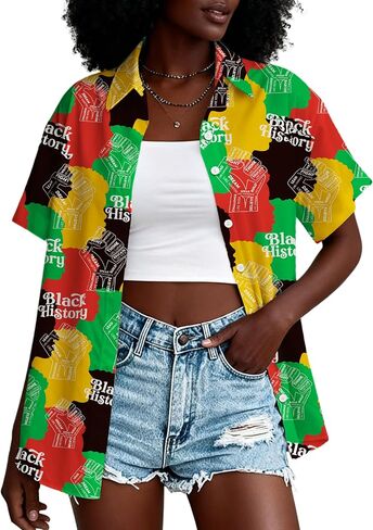 Black History Shirts for Women: Black History Month Button Up Blouse Short Sleeve Tshirt African Map Graphic Tee Tops in Saudi Arabia