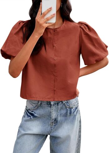 Tankaneo Womens Cropped Tops Puff Sleeve Button Down Shirts Trendy Casual Loose Fit Cute Blouse in Saudi Arabia