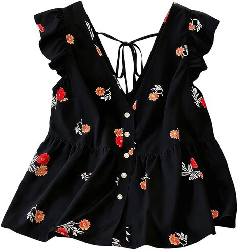 بلوزات SweatyRocks النسائية ذات الحجم الكبير ذات الأزهار البيبلوم ورقبة على شكل حرف V وأكمام مرفرفة وأزرار لأعلى مكشكشة in Kuwait