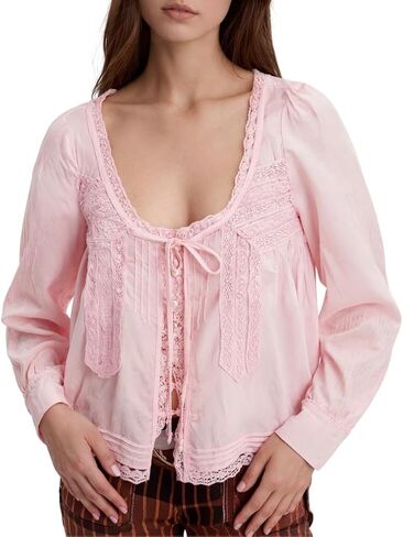 Naileksi Women Ruffled Lace Trim Blouse Top Y2k Boho Chic Scoop Neck Long Sleeve Flowy Tie Front Button Down Shirt Top in Saudi Arabia