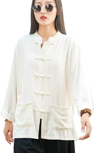 LUZU JUNU Women's Casual Cotton Linen Button Down Blouse Long Sleeve Loose T-Shirt Tops with Pockets in Saudi Arabia