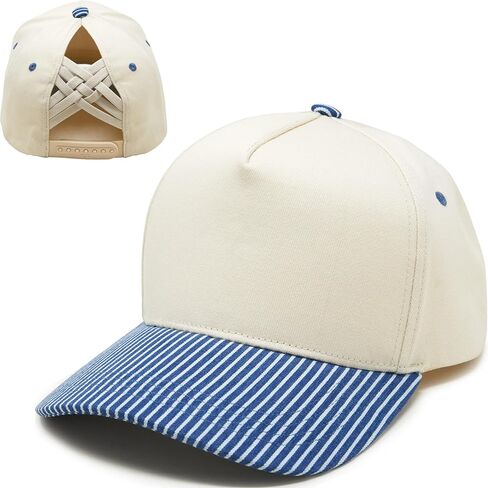 Funky Junque 2 Tone Trucker Hat Criss Cross Ponytail Cap, Womens 100% Cotton Snapback for High Bun and Thick Curly Hair - Pinstripe - Denim & White/Beige in Kuwait