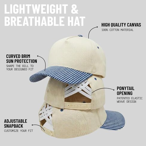 Funky Junque 2 Tone Trucker Hat Criss Cross Ponytail Cap, Womens 100% Cotton Snapback for High Bun and Thick Curly Hair - Pinstripe - Denim & White/Beige in Kuwait