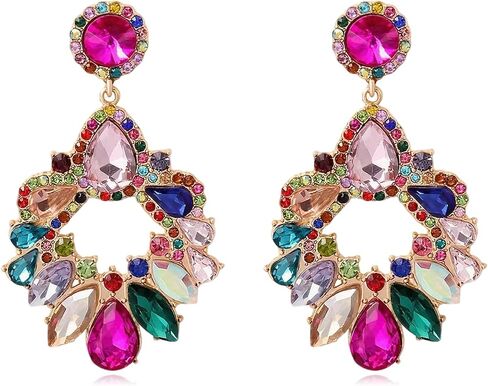 Rhinestone Crystal Geometry Earrings for Women Bohemia Sparkling Austrian Fancy Colorful Rhinestone Crystal Dangle Earring Bridal Wedding Prom Jewelry Gifts in Kuwait