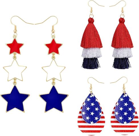 3 Pairs 4th of July Earrings for Women Red White and Blue American Flag Dangle Drop Earring Independence Day USA Patriotic Earrings Jewelry Gift Fourth of July Outfits Accessories Party Decorations in Saudi Arabia