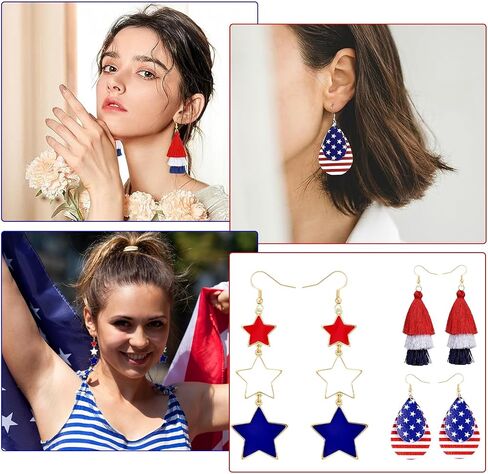 3 Pairs 4th of July Earrings for Women Red White and Blue American Flag Dangle Drop Earring Independence Day USA Patriotic Earrings Jewelry Gift Fourth of July Outfits Accessories Party Decorations in Saudi Arabia