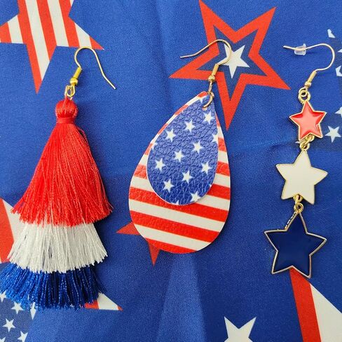 3 Pairs 4th of July Earrings for Women Red White and Blue American Flag Dangle Drop Earring Independence Day USA Patriotic Earrings Jewelry Gift Fourth of July Outfits Accessories Party Decorations in Saudi Arabia