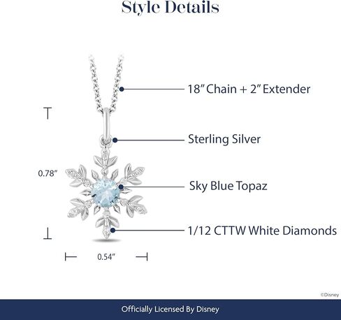 Jewelili Enchanted Disney Fine Jewelry Elsa Snowflake Pendant Necklace for Women | Sterling Silver | Sky Blue Topaz & 1/12 CTTW White Diamonds | 18" Cable Chain | Jewelry Gifts for Her in Kuwait