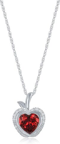 Jewelili Enchanted Disney Fine Jewelry Snow White Apple Pendant Necklace for Women | Sterling Silver | Created Ruby & 1/10 CTTW White Diamonds | 18" Rope Chain | Jewelry With Gift Box in Kuwait