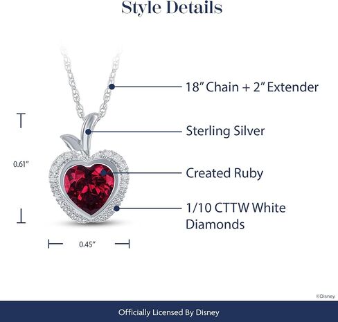 Jewelili Enchanted Disney Fine Jewelry Snow White Apple Pendant Necklace for Women | Sterling Silver | Created Ruby & 1/10 CTTW White Diamonds | 18" Rope Chain | Jewelry With Gift Box in Kuwait