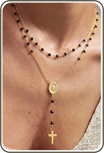 UBGICIG Rosary Cross Necklaces for Women Gold Layered Pendant Necklace with Bead Heart Virgin Mary Charms 16k Gold Plated Crucifix Jewelry Religious Gifts for Women in Kuwait