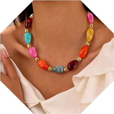 Chunky Beaded Necklace for Women,Colorful Statement Heart Choker Necklace,Boho Trendy Summer Beach Jewelry,Adjustable Length Large Beaded Necklace Gift for Women in Kuwait