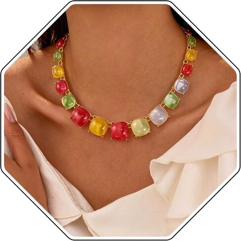 Chunky Beaded Necklace for Women,Colorful Statement Heart Choker Necklace,Boho Trendy Summer Beach Jewelry,Adjustable Length Large Beaded Necklace Gift for Women in Saudi Arabia