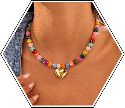 Chunky Beaded Necklace for Women,Colorful Statement Heart Choker Necklace,Boho Trendy Summer Beach Jewelry,Adjustable Length Large Beaded Necklace Gift for Women in Saudi Arabia