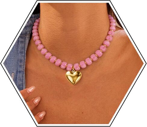Chunky Beaded Necklace for Women,Colorful Statement Heart Choker Necklace,Boho Trendy Summer Beach Jewelry,Adjustable Length Large Beaded Necklace Gift for Women in Saudi Arabia