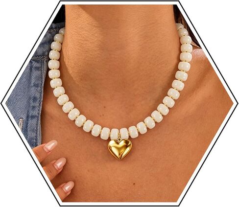 Chunky Beaded Necklace for Women,Colorful Statement Heart Choker Necklace,Boho Trendy Summer Beach Jewelry,Adjustable Length Large Beaded Necklace Gift for Women in Saudi Arabia