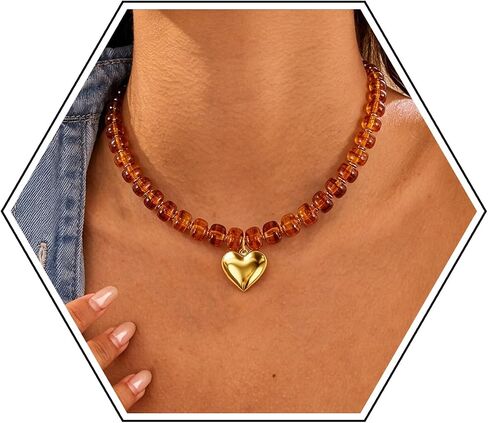 Chunky Beaded Necklace for Women,Colorful Statement Heart Choker Necklace,Boho Trendy Summer Beach Jewelry,Adjustable Length Large Beaded Necklace Gift for Women in Saudi Arabia