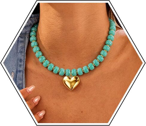 Chunky Beaded Necklace for Women,Colorful Statement Heart Choker Necklace,Boho Trendy Summer Beach Jewelry,Adjustable Length Large Beaded Necklace Gift for Women in Saudi Arabia
