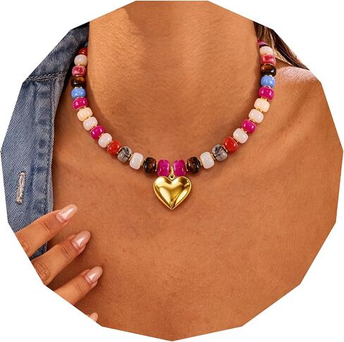 Chunky Beaded Necklace for Women,Colorful Statement Heart Choker Necklace,Boho Trendy Summer Beach Jewelry,Adjustable Length Large Beaded Necklace Gift for Women in Saudi Arabia