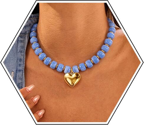 Chunky Beaded Necklace for Women,Colorful Statement Heart Choker Necklace,Boho Trendy Summer Beach Jewelry,Adjustable Length Large Beaded Necklace Gift for Women in Saudi Arabia