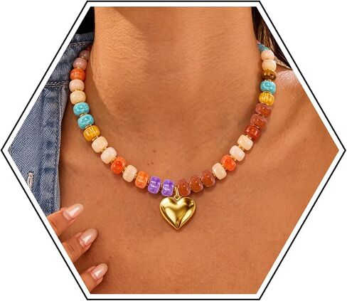 Chunky Beaded Necklace for Women,Colorful Statement Heart Choker Necklace,Boho Trendy Summer Beach Jewelry,Adjustable Length Large Beaded Necklace Gift for Women in Saudi Arabia