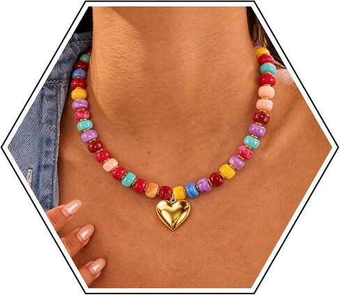 Chunky Beaded Necklace for Women,Colorful Statement Heart Choker Necklace,Boho Trendy Summer Beach Jewelry,Adjustable Length Large Beaded Necklace Gift for Women in Saudi Arabia