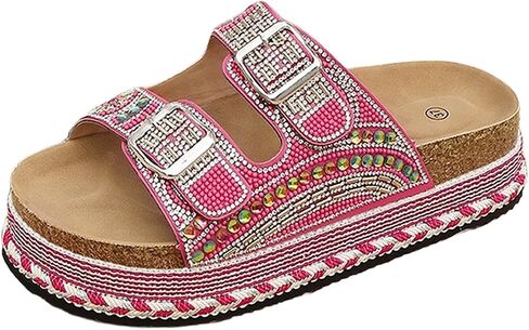 Cork Sandals for Women Platform Flatform Rhinestone Beaded Sandals Double Buckle Strap Fancy Boho Slip On Cork Footbed Slide Summer Embellished Beach in Saudi Arabia