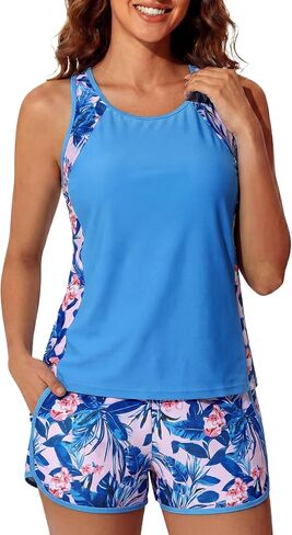 Wyeysyt Tankini Swimsuits for Women Tummy Control Two Piece Bathing Suits with Shorts and Sporty Pockets in Saudi Arabia