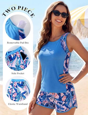 Wyeysyt Tankini Swimsuits for Women Tummy Control Two Piece Bathing Suits with Shorts and Sporty Pockets in Saudi Arabia