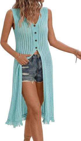 Allimy Women Summer Crochet Knit Vest Dress Button Wrap Beach Swimsuit Cover Ups Kimono Cardigans with Fringe in Saudi Arabia