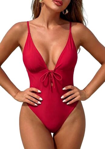 WODECASA Women's Deep V Neck One Piece Swimsuit Sexy Tummy Control Front Tie Backless Adjustable Straps Bathing Suit in Saudi Arabia