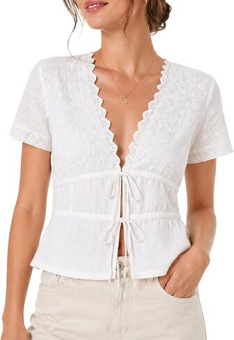 Womens Summer Boho Tie Front V Neck Tops Short Sleeve Casual Eyelet Sheer Shirts Flowy Lace Blouse Streetwear Going Out in Saudi Arabia