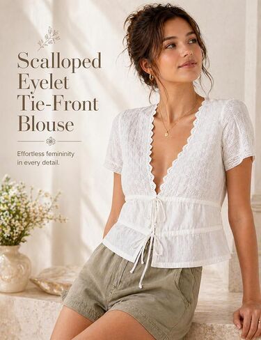 Womens Summer Boho Tie Front V Neck Tops Short Sleeve Casual Eyelet Sheer Shirts Flowy Lace Blouse Streetwear Going Out in Saudi Arabia