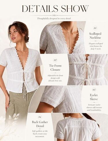 Womens Summer Boho Tie Front V Neck Tops Short Sleeve Casual Eyelet Sheer Shirts Flowy Lace Blouse Streetwear Going Out in Saudi Arabia