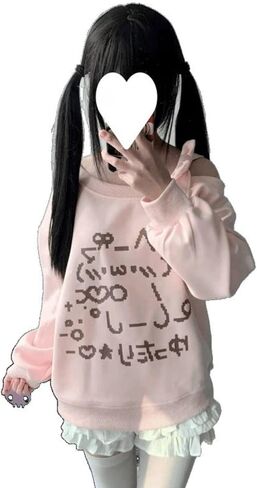 Tenshi Kawaii Kawaii Off Shoulder Cat Graphic Sweatshirt Harajuku Y2K Oversized Pullover Anime Long Sleeve Top in Saudi Arabia