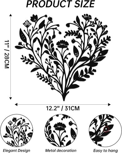 JEWLOVE Heart Wall Art - Floral Heart Metal Wall Decor with Botanical Design, Metal Flowers Wall Decor for Indoor and Outdoor, Rustic Floral Wall Art (12.2''x11'') in Kuwait