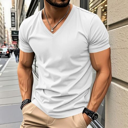 Men's V-Neck Short Sleeve T-Shirt, Slim Fit Summer Casual Sport Solid Color Tee Tops in Kuwait