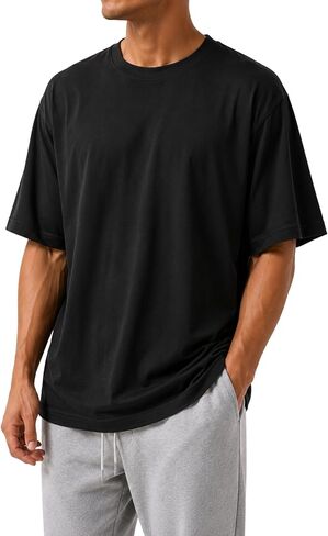 Mens Oversized T Shirt, Drop Shoulder Loose Fit Tee, Soft Lightweight Short Sleeve Crew Neck Casual Gym Workout Shirt in Saudi Arabia