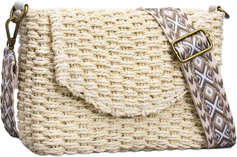 Small Crossbody Bags for Women, Summer Straw Purse with Adjustable Guitar Strap, Beach Boho Shoulder Bag with Magnetic Snap, Handmade Woven Handbags for Journey Vacation Shopping Beige in Saudi Arabia