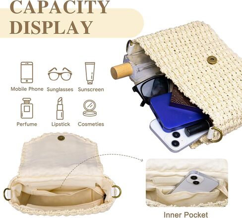 Small Crossbody Bags for Women, Summer Straw Purse with Adjustable Guitar Strap, Beach Boho Shoulder Bag with Magnetic Snap, Handmade Woven Handbags for Journey Vacation Shopping Beige in Saudi Arabia